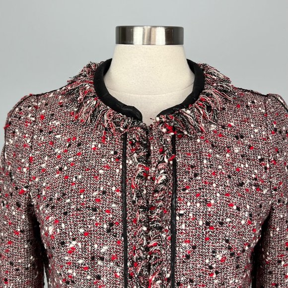 McGinn Red Bijou Tweed Fringe Blazer Wool Blend Hook Front size 8 - Picture 2 of 13